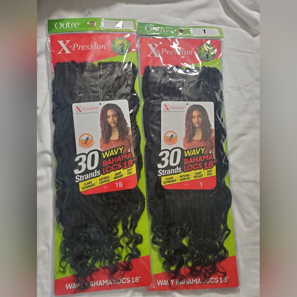 : 2 pks of 18" x-pression wavy Bahama locs in colors 1/1B 30strands in each pack